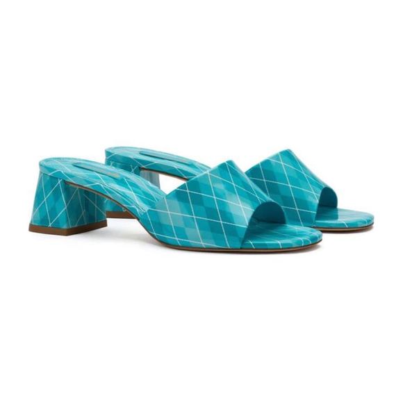 LARROUDÉ Women's Brigitte Mule, Acqua Argyle Patent Leather Size 6 NWOT